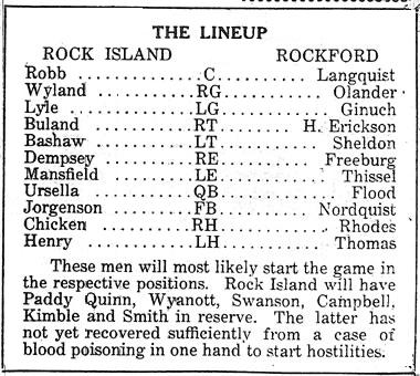 Expected Lineup Vs Rockford by Coach Ursella - Rock Island Argus 9/27/1919